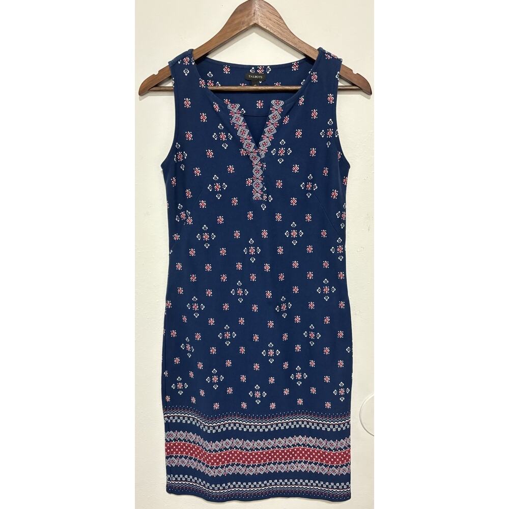 Talbots XS Navy Blue Cotton Shift Dress Border Print Sleeveless Summer Casual